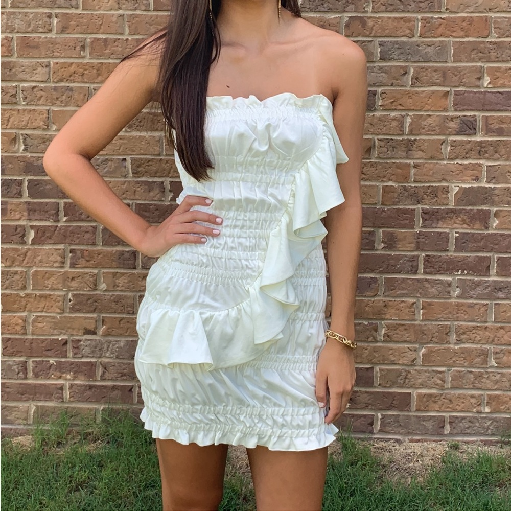 Olivaceous Strapless Cream Ruffle Dress